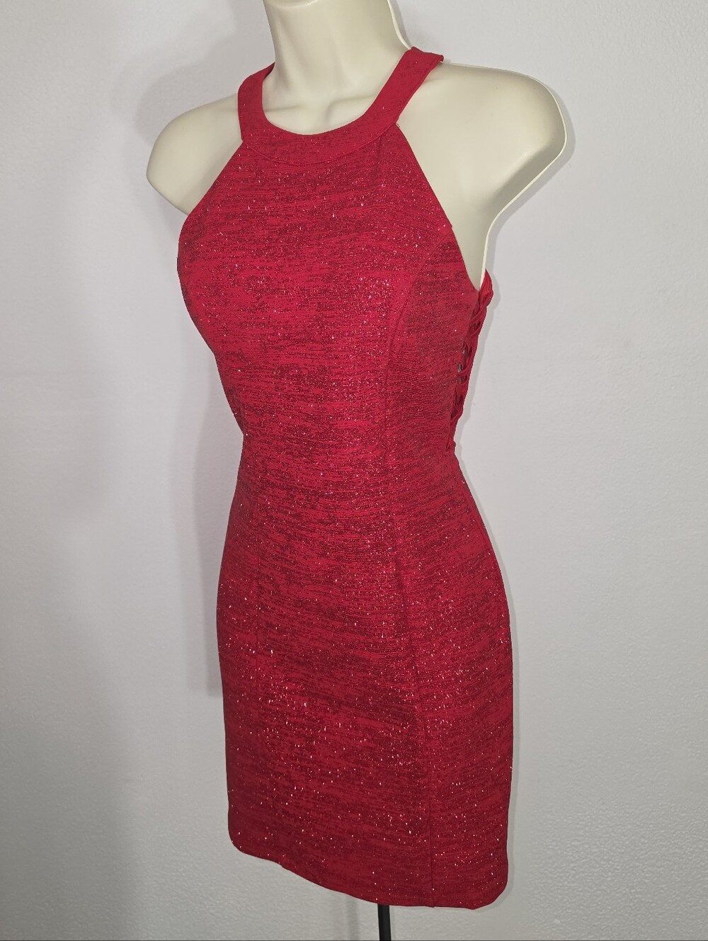 Honey and Rosie Dress Shimmery Halter Neckline Sleeveless Vibrant Red Size S - Picture 12 of 16